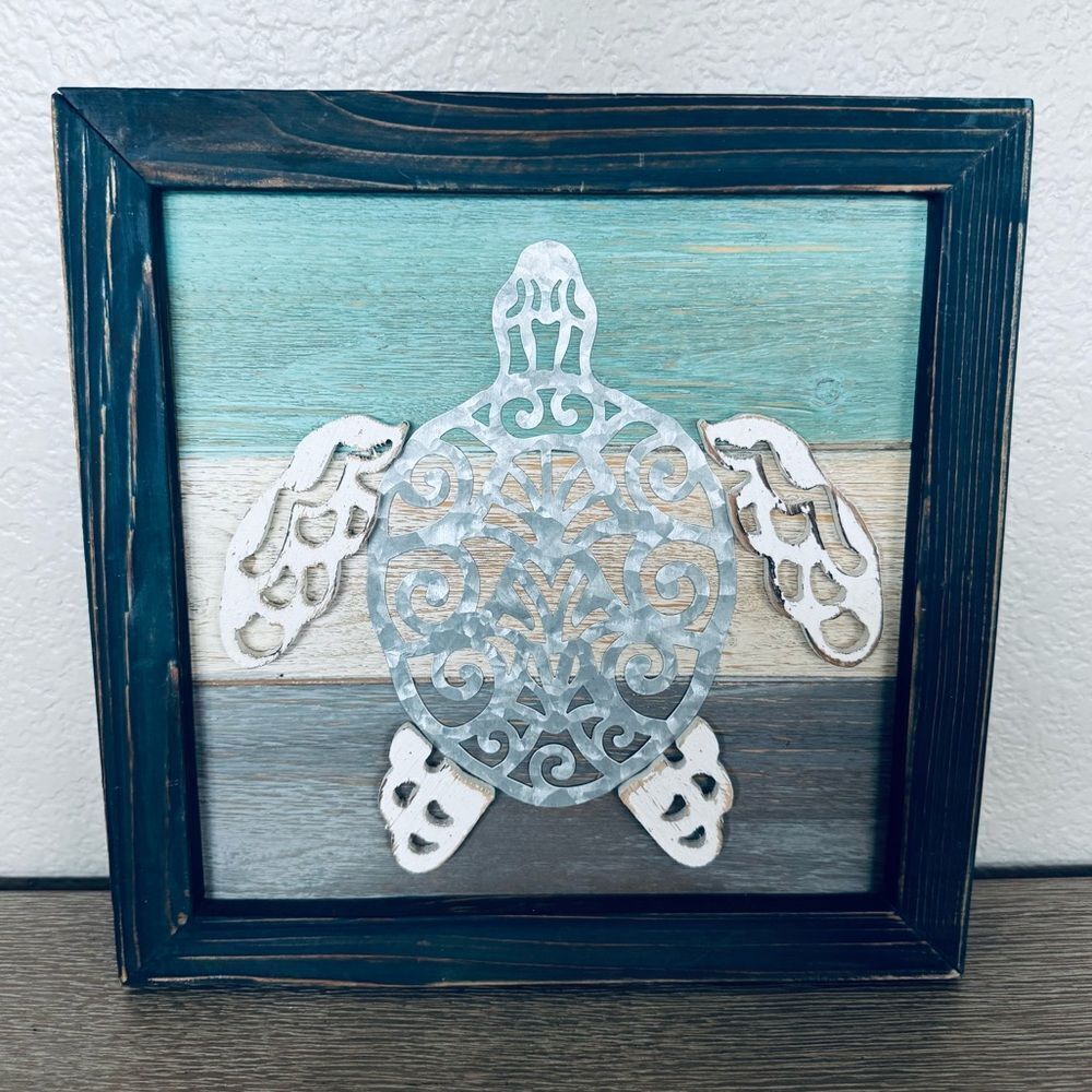 Sea Turtle Coastal Rustic Wood Metal Beach Wall Decor Art